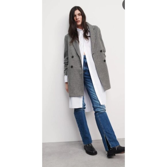 ZARA Houndstooth Tweed Frayed Jacket Blazer Coat - Size S - Black & White Check - Picture 2 of 16